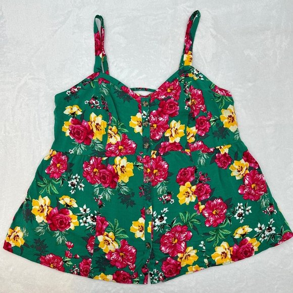 Torrid Fit And Flare Rayon Slub Lace-Up Back Tank Women +2 Green Floral - Picture 1 of 10